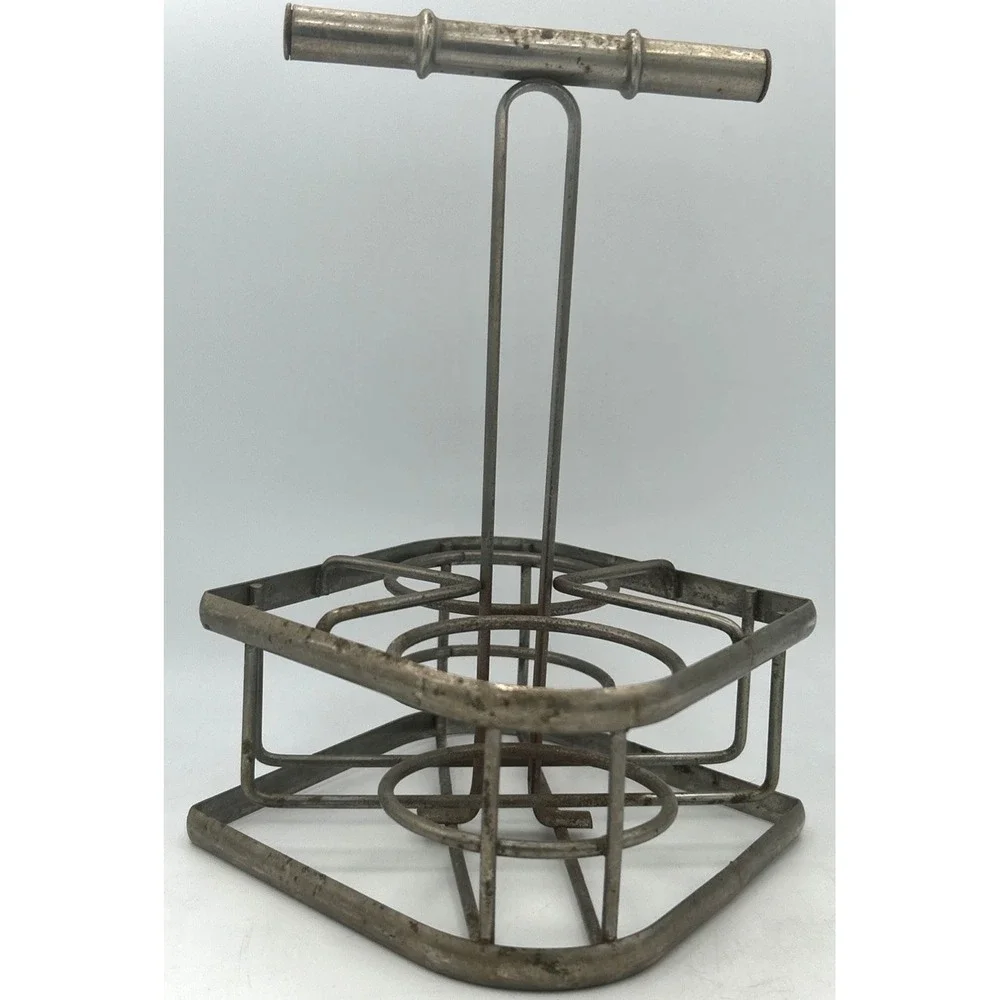 RETRO‎ VTG Metal Condiment Caddie W/Salt & Pepper Shakers & OIL VINEGAR CRUETS